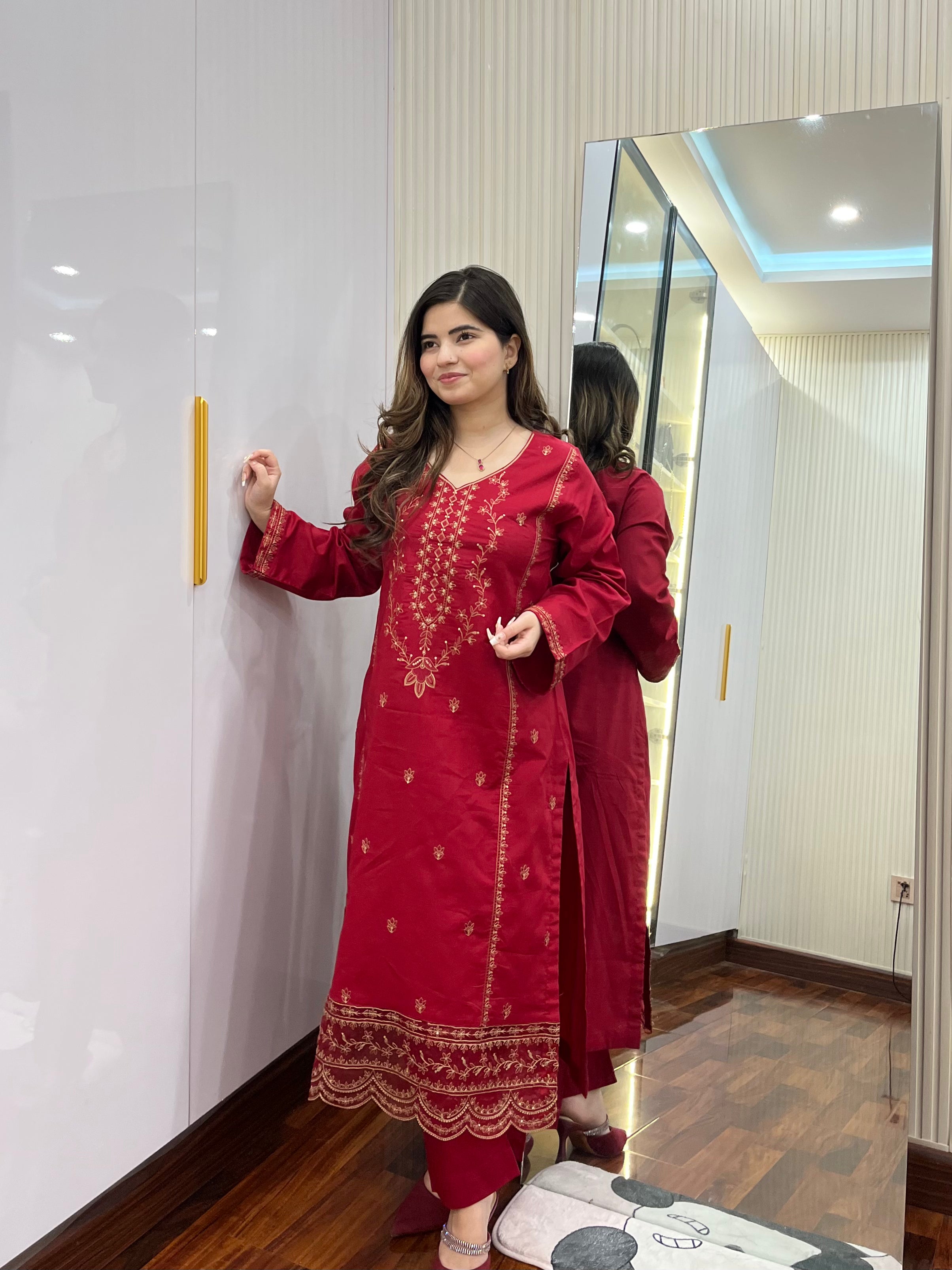 2 piece stitched - Red embroidered lawn suit - 1CR01