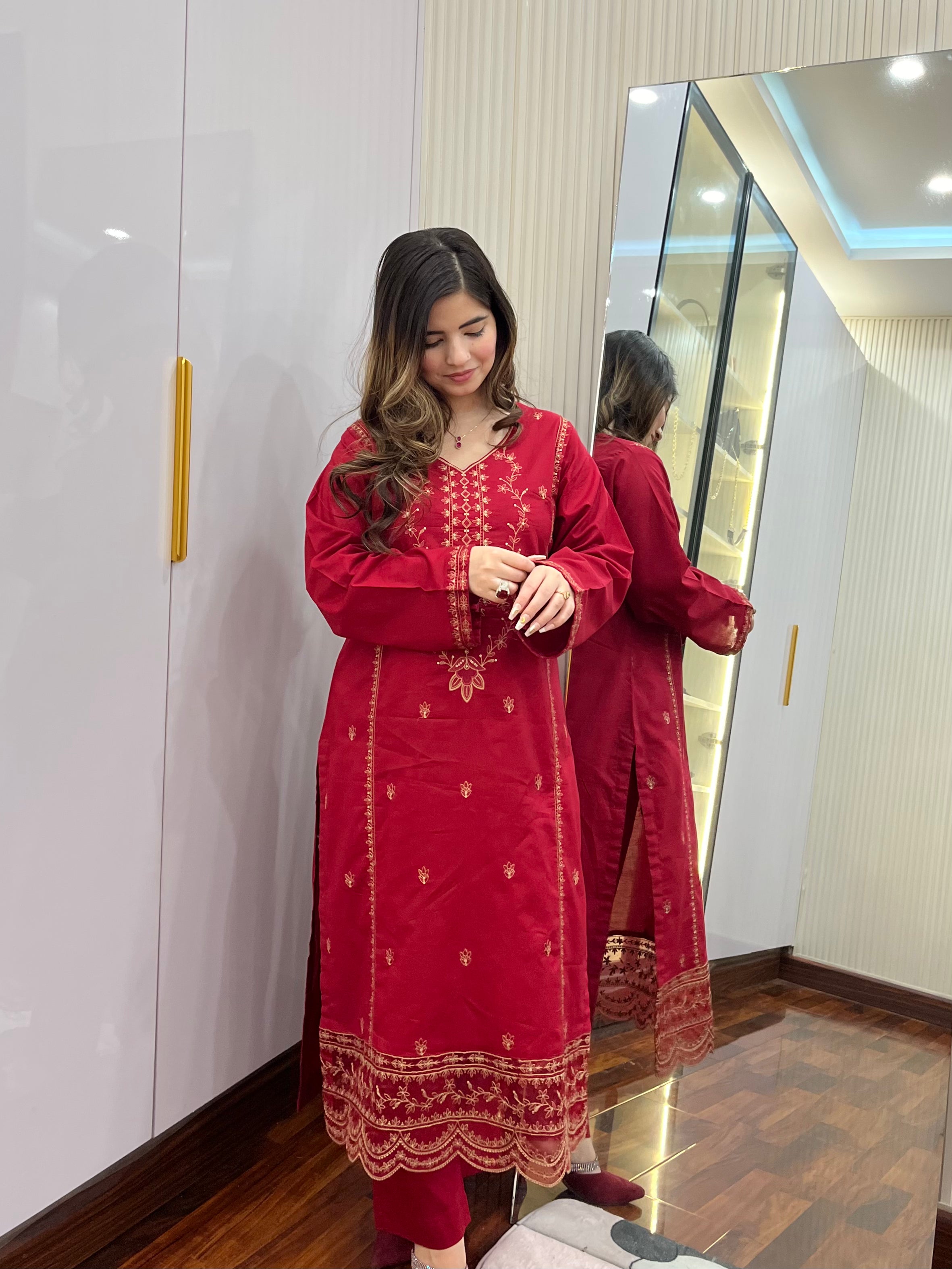 2 piece stitched - Red embroidered lawn suit - 1CR01