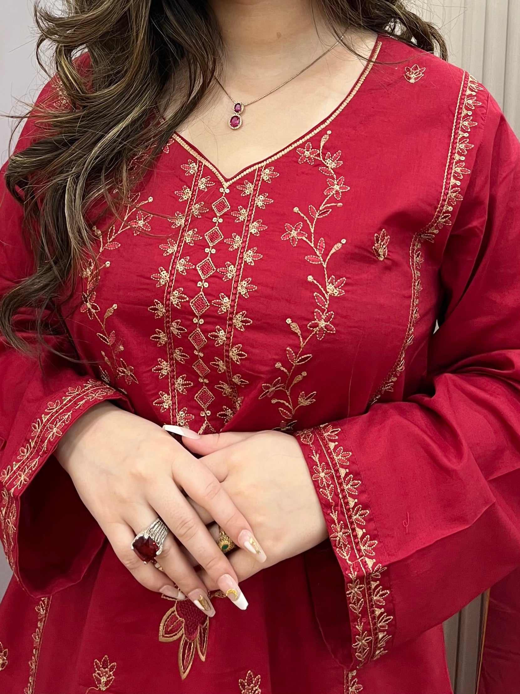 2 piece stitched - Red embroidered lawn suit - 1CR01