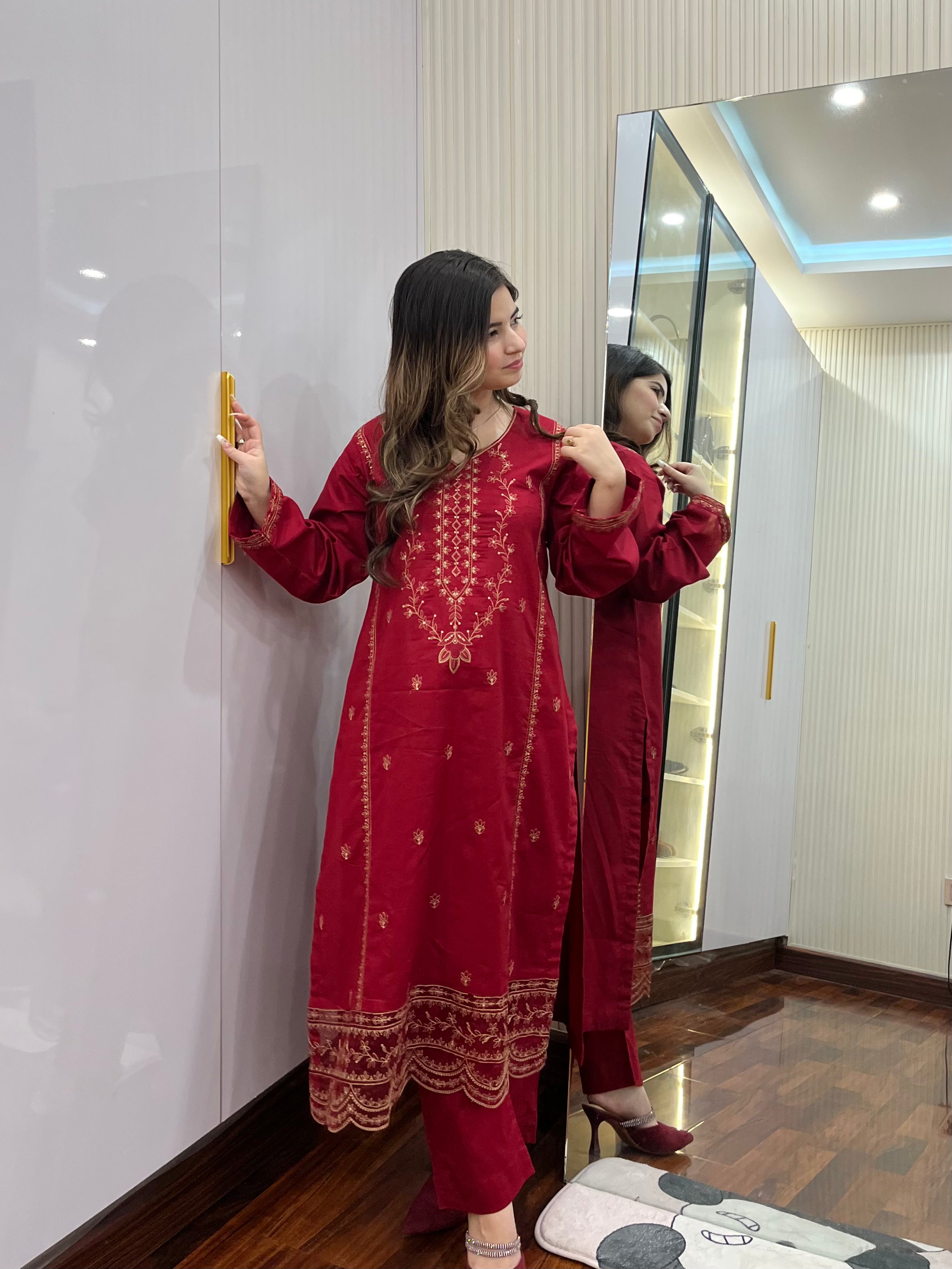 2 piece stitched - Red embroidered lawn suit - 1CR01
