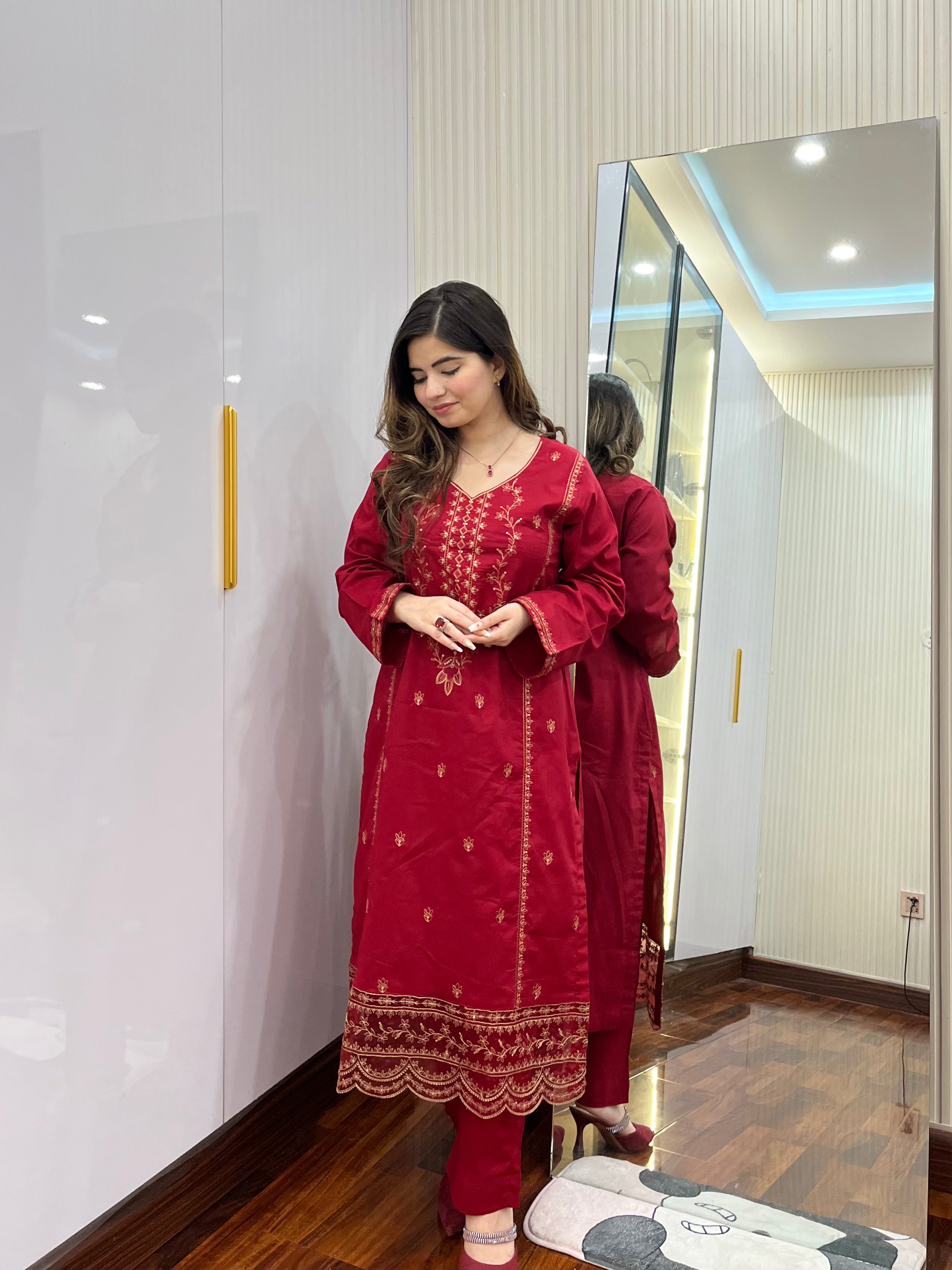 2 piece stitched - Red embroidered lawn suit - 1CR01