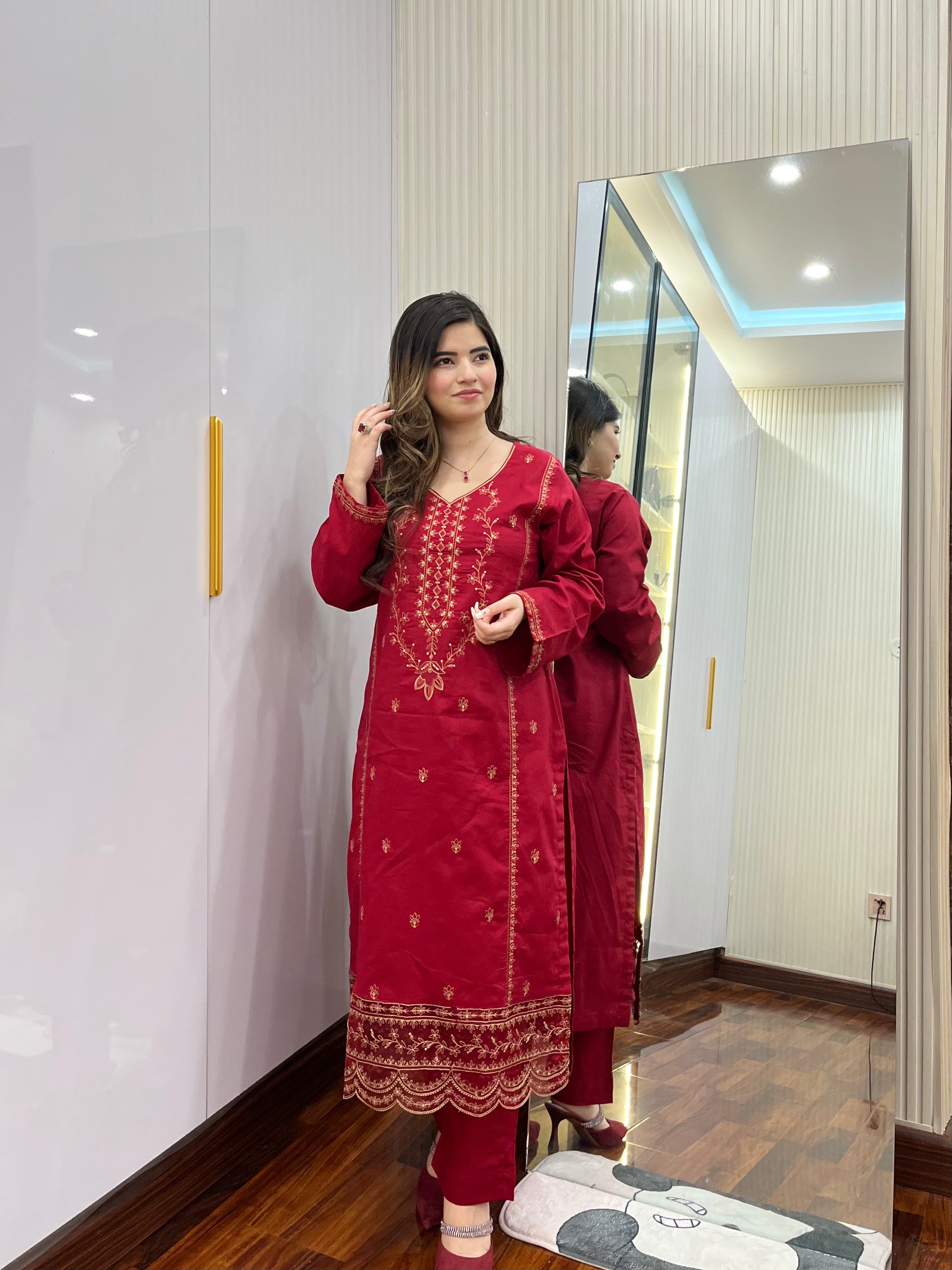 2 piece stitched - Red embroidered lawn suit - 1CR01
