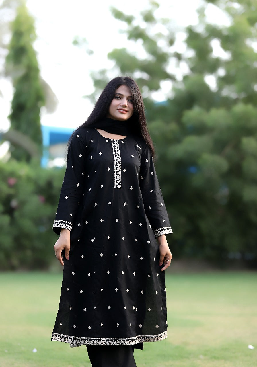 2 piece stitched - Black lawn embroidery suit - 1CB02