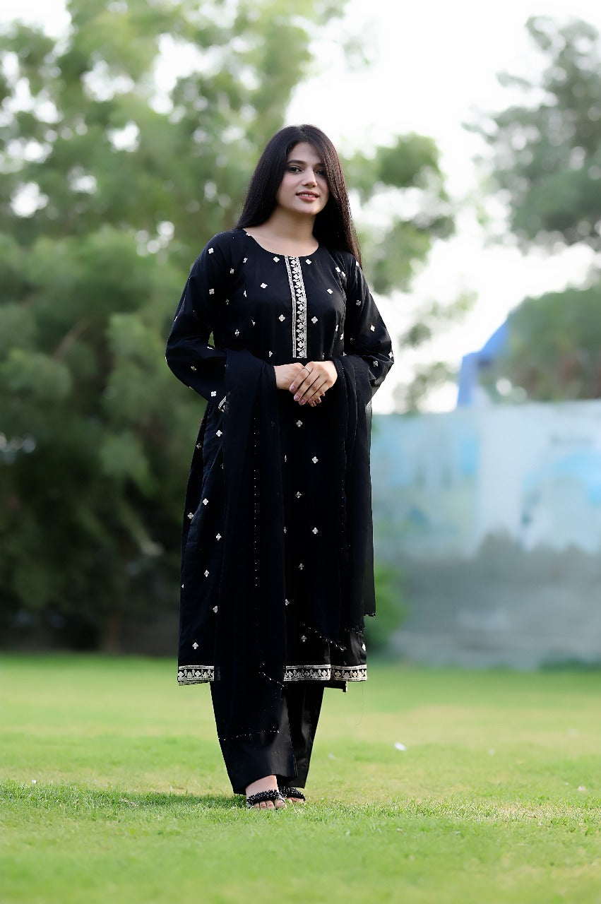 2 piece stitched - Black lawn embroidery suit - 1CB02